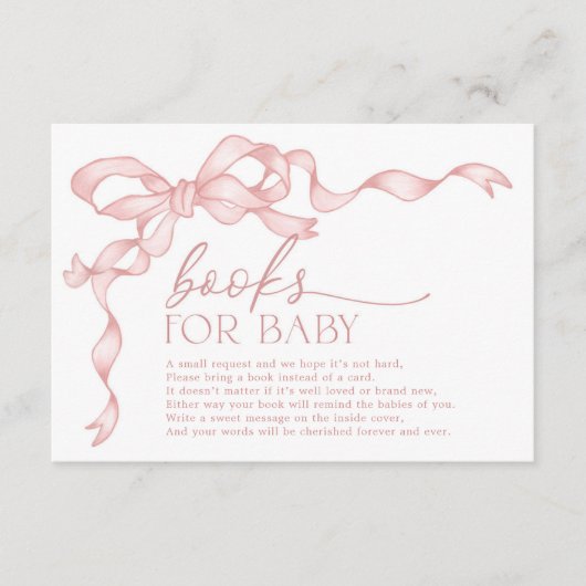 ベビーガールシャワー用コケットピンクのボウブックス エンクロージャーカード (正面)