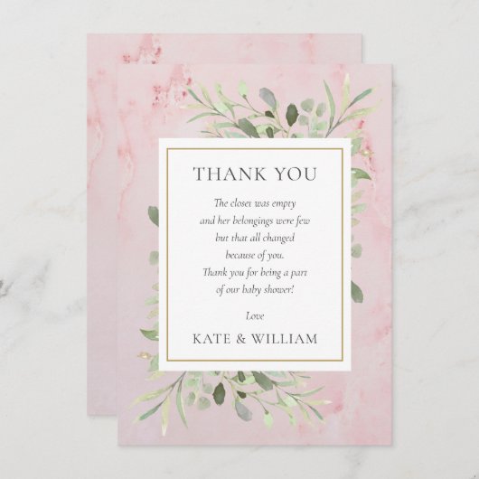 ベビーガールシャワー詩春葉グリーンリーピンク サンキューカード (正面/裏面)