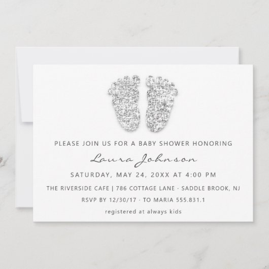 ベビーガールシャワー足グリッターホワイトグレー写真 招待状 (正面)