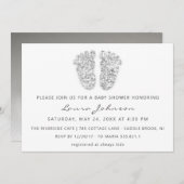 ベビーガールシャワー足グリッターホワイトグレー写真 招待状 (正面/裏面)