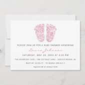 ベビーガールシャワー足グリッターホワイトピンク写真 招待状 (正面)