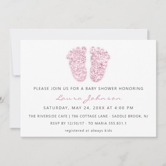 ベビーガールシャワー足グリッターホワイトピンク写真 招待状 (正面)
