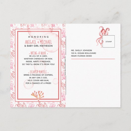 ベビーガールシャワー コーラルピンク タコ 海の生き物 インビテーションポストカード (裏面)