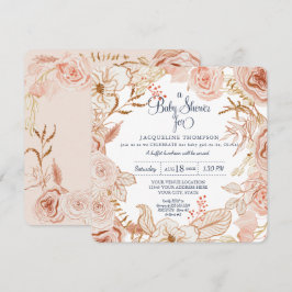 ベビーガールシャワー ピンク 水彩 フラワーフォリアージ 招待状