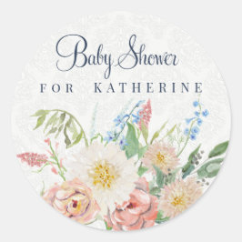 ベビーガールシャワー ブラッシュピンク フローラル リーフ グリーン ラウンドシール