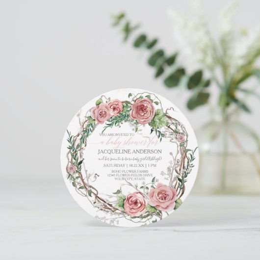 ベビーガールシャワーBOHO水彩花リース 招待状 (スタンド正面)