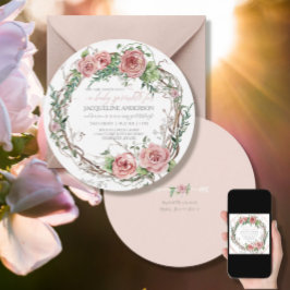 ベビーガールシャワーBOHO水彩花リース 招待状