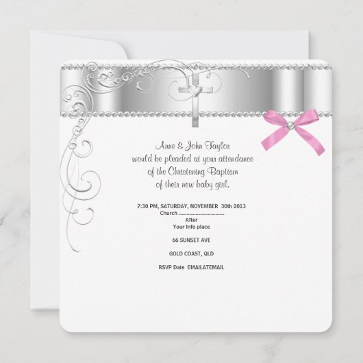 ベビーガールシルバーピンク《キリスト教》洗礼式や命名式バプティスクロス 案内状 (裏面)