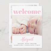 ベビーガールシンプルモダン数々のフォトピンク誕生 案内状 (正面/裏面)