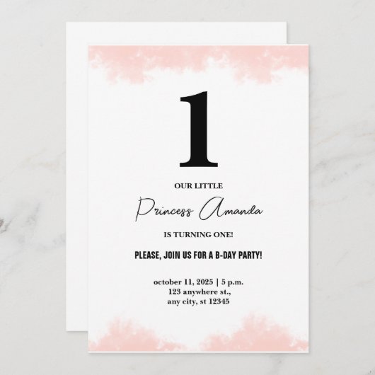 ベビーガールシンプル1歳エレガント誕生日 招待状 (正面/裏面)