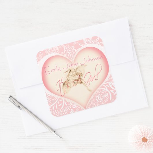 ベビーガールステッカーとヴィンテージストーク スクエアシール (封筒)