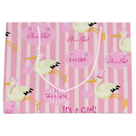 ベビーガールストークピンクストライプ色 ラージペーパーバッグ