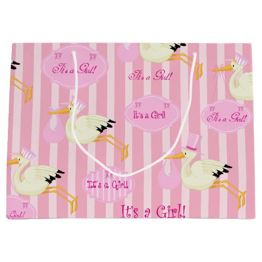 ベビーガールストークピンクストライプ色 ラージペーパーバッグ (正面)