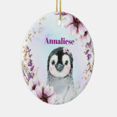 ベビーガールズキュートペンギンピンク&金ゴールド第1クリスマス セラミックオーナメント (右)