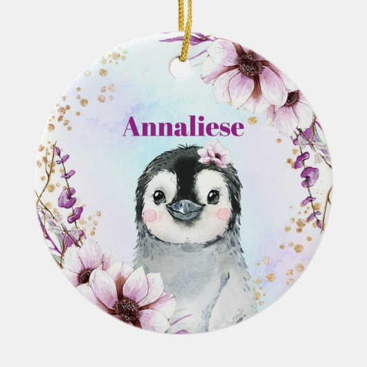 ベビーガールズキュートペンギンピンク&金ゴールド第1クリスマス セラミックオーナメント (正面)