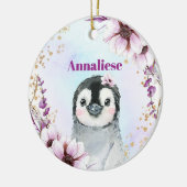 ベビーガールズキュートペンギンピンク&金ゴールド第1クリスマス セラミックオーナメント (左)