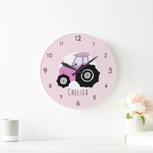 ベビーガールズドードルピンクファームトラクターカー子供部屋 ラージ壁時計 (ホーム)