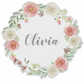 ベビーガールズネームウォーターカラーローズフローラルリース シール (正面)