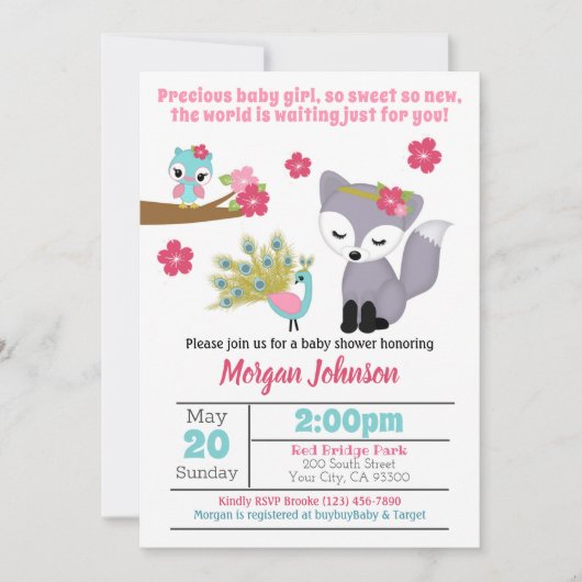 ベビーガールズピンクキツネベビーシャワー招待状 招待状 (正面)