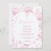 ベビーガールズピンクヴィンテージフローラトイレバプテスマ 招待状 (正面)