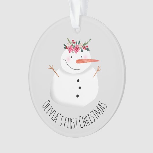 ベビーガールズ初めてのクリスマスフラワー雪だるまと名前 オーナメント (正面)