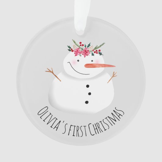 ベビーガールズ初めてのクリスマスフラワー雪だるまと名前 オーナメント (正面)
