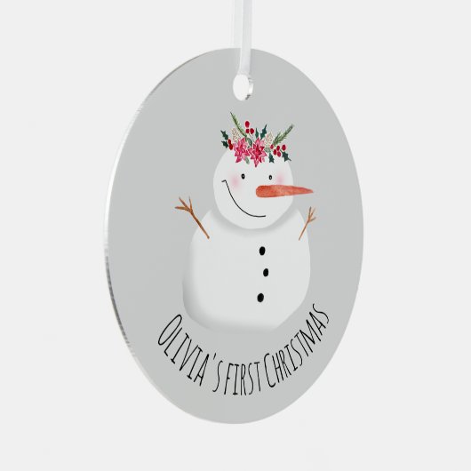 ベビーガールズ初めてのクリスマスフラワー雪だるまと名前 メタルオーナメント (正面右)