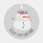 ベビーガールズ初めてのクリスマスフラワー雪だるまと名前 メタルオーナメント (正面)