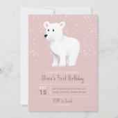 ベビーガールズ1stバースデーピンクホリデーポーラーベア 招待状 (正面)