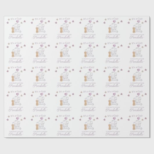 ベビーガールゾウとかわいいバルーンウォーター色 ラッピングペーパー (フラット)