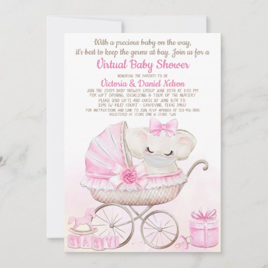 ベビーガールゾウとマスクズーム赤ちゃんシャワー 招待状 (正面)