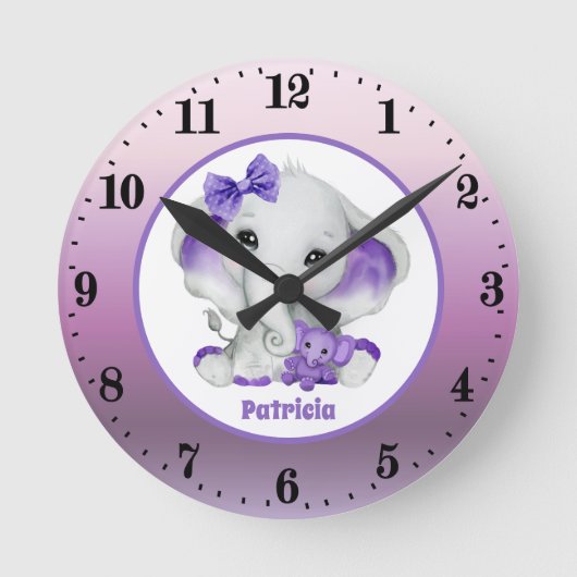 ベビーガールゾウ追加ネーム子供部屋 ラウンド壁時計 (正面)