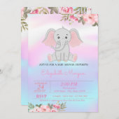 ベビーガールゾウ、フローラホログラフィックベビースシャワー 招待状 (正面/裏面)