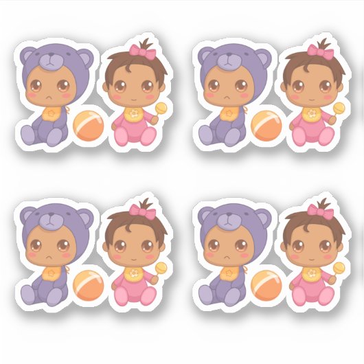 ベビーガールツインズパープルベアージャンプスーツのセットの4スティック シール (正面)