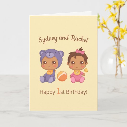 ベビーガールツインズファースト誕生日イエロー空白の2 カード (黄色い花)