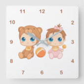 ベビーガールツインズベアージャンプスーツ2 スクエア壁時計 (正面)