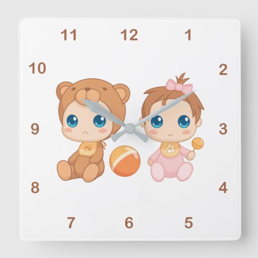 ベビーガールツインズベアージャンプスーツ2 スクエア壁時計 (正面)