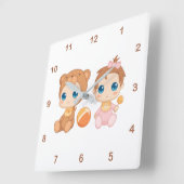 ベビーガールツインズベアージャンプスーツ2 スクエア壁時計 (傾斜)