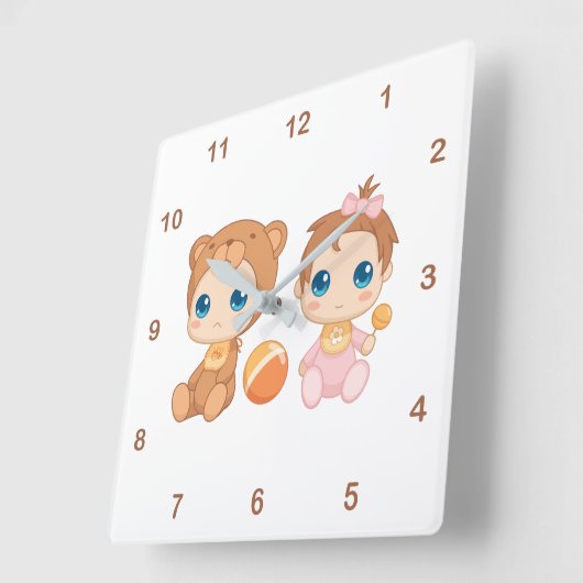 ベビーガールツインズベアージャンプスーツ2 スクエア壁時計 (傾斜)
