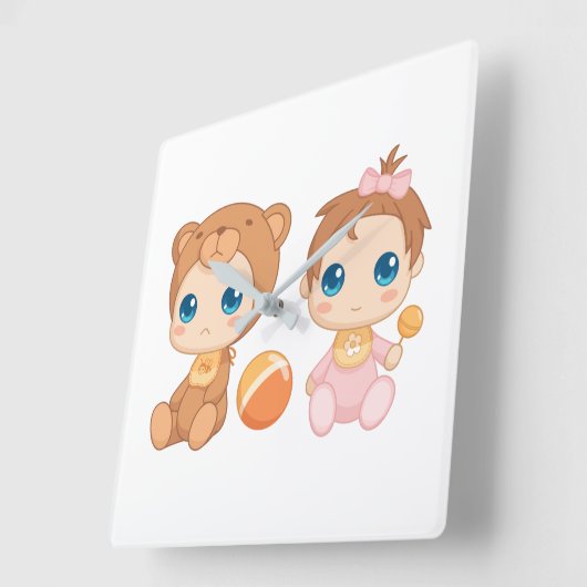 ベビーガールツインズベアージャンプスーツ スクエア壁時計 (傾斜)