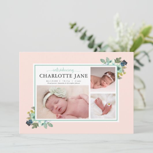 ベビーガールティール（緑がかった色）フラワーズ3フォトバースアナウンス 案内状 (スタンド正面)