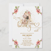ベビーガールテディベアーファースト誕生日パーティー 招待状 (正面)