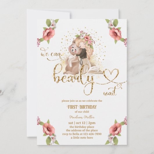 ベビーガールテディベアーファースト誕生日パーティー 招待状 (正面)