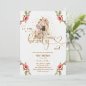 ベビーガールテディベアーファースト誕生日パーティー 招待状 (スタンド正面)