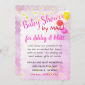 ベビーガールデイジーバルーンピンク赤ちゃんシャワー 招待状 (正面/裏面)