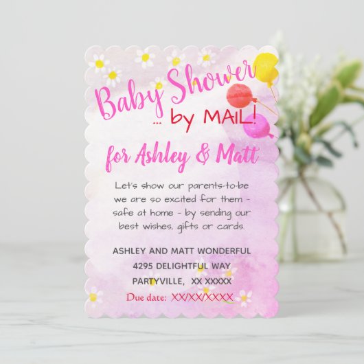 ベビーガールデイジーバルーンピンク赤ちゃんシャワー 招待状 (スタンド正面)