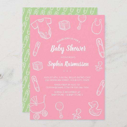 ベビーガールトイズ洋服ピンクベビーシャワー招待状 招待状 (正面/裏面)