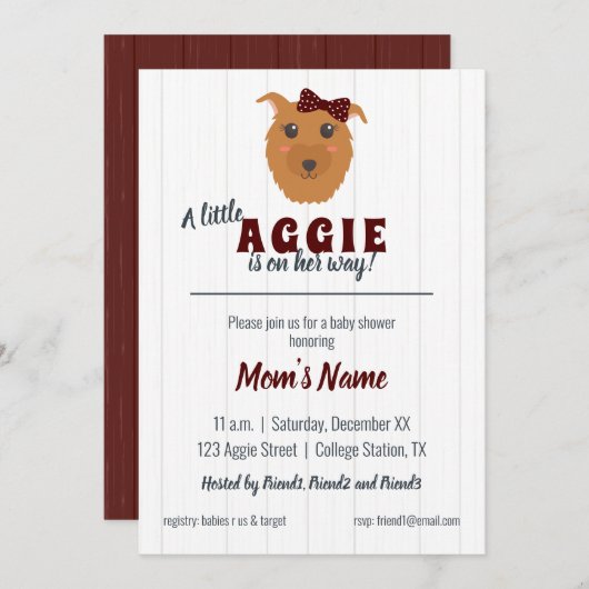 ベビーガールドッグマルーンベビーシャワー 招待状 (正面/裏面)