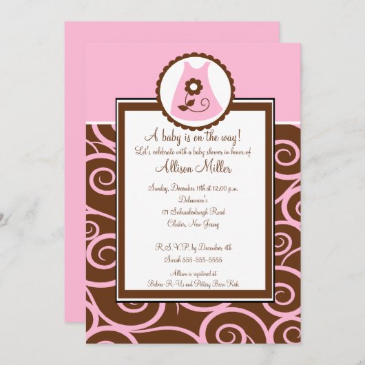 ベビーガールドレス旋回ベビーシャワー招待状 招待状 (正面/裏面)