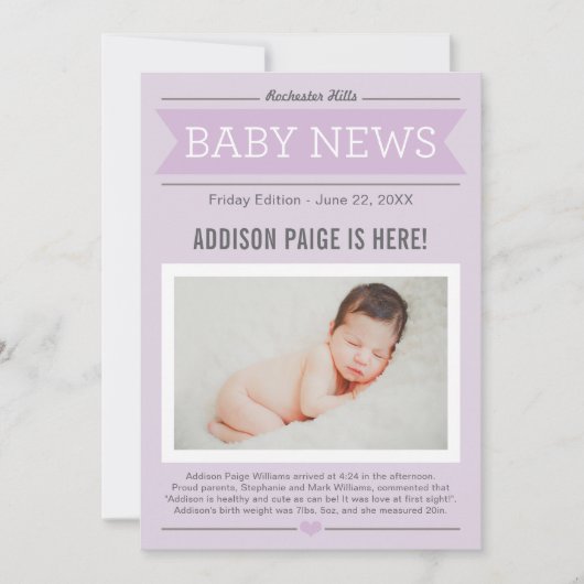 ベビーガールニュース 現代のパープル写真 出生 案内状 (正面)